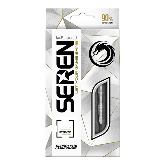 Dragon Rouge Seren 3 Pure Steeldarts Die Abbildung zeigt die Verpackung der "Red Dragon Seren 3 Pure Steeldarts". Auf der Verpackung steht, dass die Darts aus 90% Tungsten bestehen.