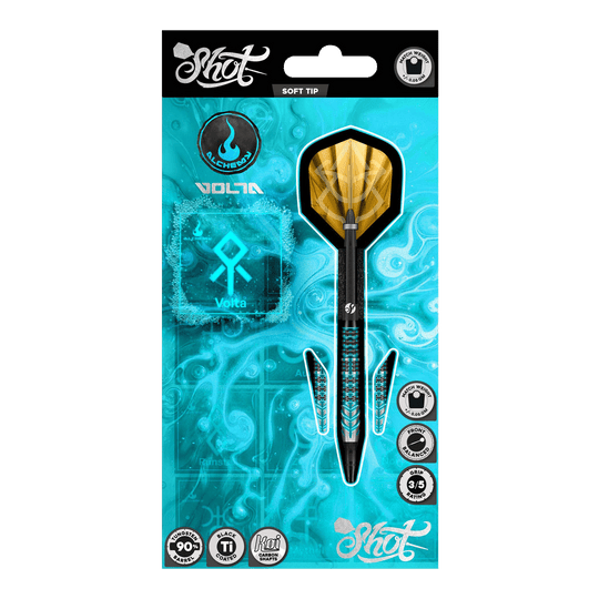 Fléchettes souples Shot Alchemy Volta - 20 g Abgebildet sind die Shot Alchemy Volta Softdarts - 20g aus einer detaillierten Ansicht. Diese Softdarts eignen sich gut für das Dartspiel.