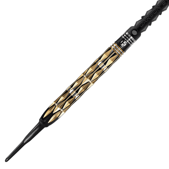 HA33454_Harrows_Imperial_Diamond_Softdarts_2 Dieser Softdartpfeil hat ein auffälliges, gold-schwarz gemustertes Barrel. Die Spitze ist aus Kunststoff und das Griffstück verfügt über eine strukturierte Oberfläche für besseren Halt.