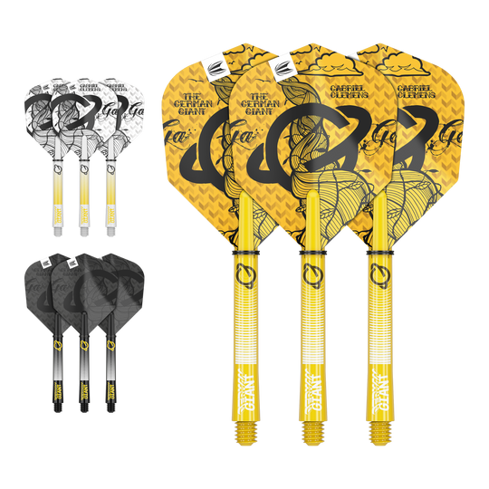 Kit de tige de vol Target Ink Gabriel Clemens Das Bild zeigt drei Sätze Dartflights und -schäfte in verschiedenen Farben und Designs. In der Mitte befindet sich ein gelbes Set mit der Aufschrift "The German Giant" und "Gabriel Clemens".