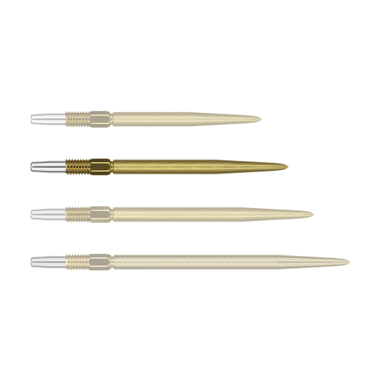 Pointes de fléchettes Target Swiss Point Nano - Or Das Bild zeigt vier goldene Dartspitzen mit silbernem Befestigungsende, die nebeneinander liegen. Die Spitzen sind gleich lang und haben eine feine Riffelung entlang der gesamten Länge.