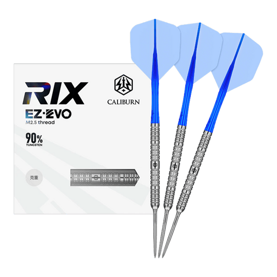 Fléchettes en acier Caliburn Rix EZ-EVO R1 Das Bild zeigt das vollständige Set der Caliburn Rix EZ-EVO R1 Steeldarts. Es handelt sich um professionelle Steeldarts für ambitionierte Spieler.