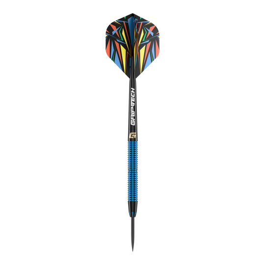 Fléchettes en acier GOAT Athlete en laiton bleu - 12 g Das Bild zeigt einen Steeldart mit blauem Griff und der Aufschrift "GRIP-TECH". Die Flights haben ein buntes, geometrisches Muster.