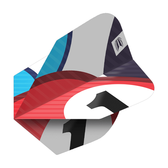 Dieses Bild zeigt die Target Pro Ultra Chicane Blue No6 Flights, die in drei Sets erhältlich sind. Die Flights haben ein modernes Design mit blauen, roten und weißen Farbakzenten.