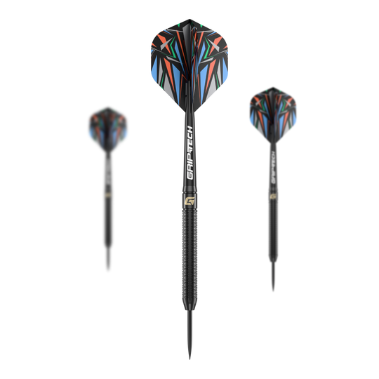 Fléchettes en acier GOAT Athlete en laiton noir - 13 g Das Bild zeigt drei schwarze Steeldarts mit farbenfrohen Flights und der Aufschrift "GRIP-TECH". Es handelt sich um das Produkt "GOAT Athlete Black Brass Steeldarts - 13g".