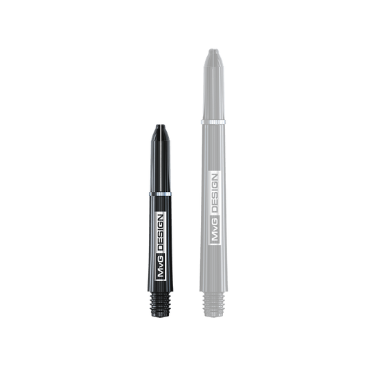 7100_Winmau_MvG_Signature_Black_Nylon_Shafts_35mm_1 Das Bild zeigt zwei schwarze Winmau Nylon Ring Grip MvG Design Shafts in unterschiedlicher Länge. Auf beiden Shafts steht gut sichtbar das Logo "MvG DESIGN".