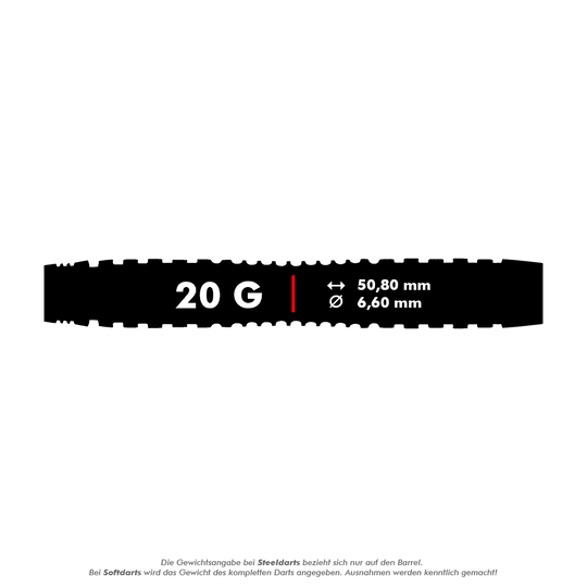 Fléchettes souples Winmau Joe Cullen Rockstar Series RS1 - 20 g Das Bild zeigt die technischen Daten der Winmau Joe Cullen Rockstar Series RS1 Softdarts mit 20 Gramm Gewicht. Die Darts haben eine Länge von 50,80 mm und einen Durchmesser von 6,60 mm.