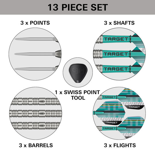 Fléchettes en acier Target Hydro 02 Swiss Point Das Bild zeigt eine Ausführung der Target Hydro 02 Swiss Point Steeldarts. Die Darts sind schlank und für professionelles Spielen geeignet.