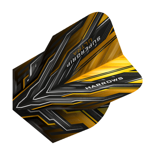 Das Bild zeigt ein Harrows Supergrip Ultra Sunset Gold Standard Flight für Darts. Das Flight ist in Schwarz, Gold und Silber gestaltet und trägt die Aufschriften "SUPERGRIP ULTRA" und "HARROWS".