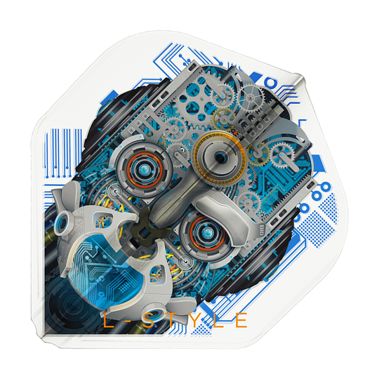 Vols L-Style Berry Van Peer V3 Blanc Transparent L1EZ Das Bild zeigt ein Dartflight mit einem detaillierten, mechanischen Roboterkopf auf weißem Hintergrund. Unten ist der Schriftzug "L-STYLE" in orange zu sehen.