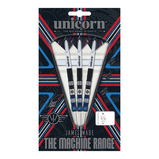 Fléchettes en acier bicolore Unicorn The Machine James Wade Das Bild zeigt eine Packung mit drei Steeldarts der Marke Unicorn aus der "The Machine Range" von James Wade. Die Verpackung ist bunt gestaltet und hebt die Merkmale der Darts wie die Tungsten-Barrels und die spezielle Griffigkeit hervor.