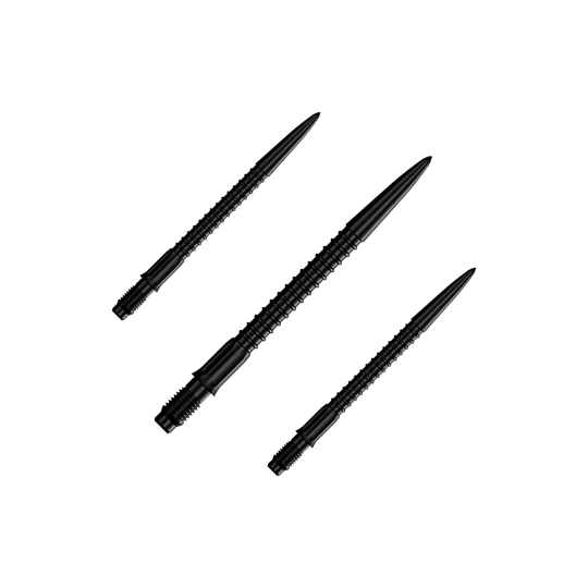 Pointes de fléchettes Mission R2.5 Rapid Point GV1 - Noires Ein Set schwarzer Dartspitzen ist abgebildet. Die Spitzen sind für Darts und 30 mm lang.