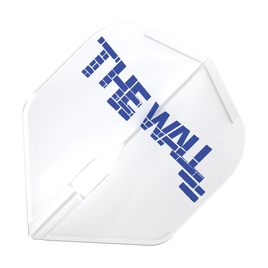 Das Bild zeigt ein weißes Dart-Flight mit der blauen Aufschrift "THE WALL". Das Produkt ist das L-Style Martin Schindler Weiß L1PRO Flight.