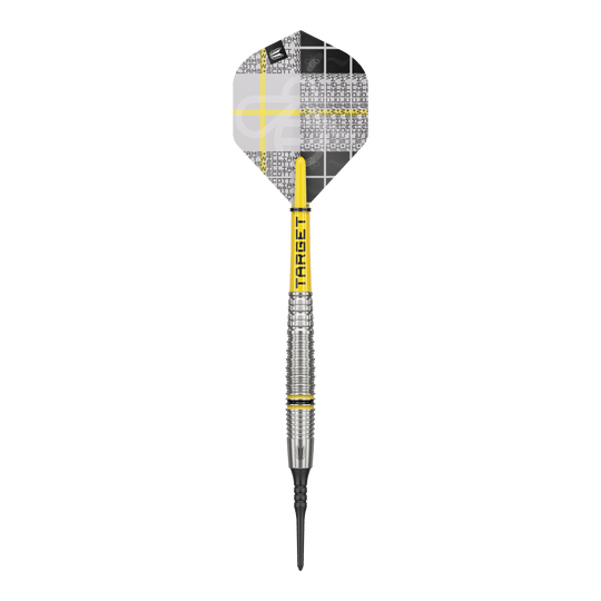 Fléchettes souples Target Scott Williams GEN2 - 18 g Das Bild zeigt einen Target Scott Williams GEN2 Softdart mit einem Gewicht von 18g. Der Dart hat gelbe Akzente und ein modernes, silberfarbenes Barrel-Design.