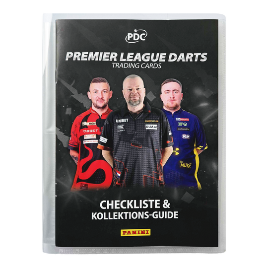 Der Panini Premier League Darts 2025 Sammelordner ist auf dem Bild zu sehen. Der Ordner wird für das Sammeln und Aufbewahren von Darts-Stickern verwendet.