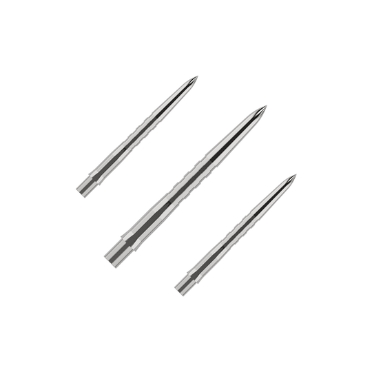 Embouts de fléchettes Mission Caliburn EVO - Rainurés - Argent Das Bild zeigt drei silberne, gerillte Spitzen für Steeldarts. Sie liegen nebeneinander auf einem grünen Hintergrund.