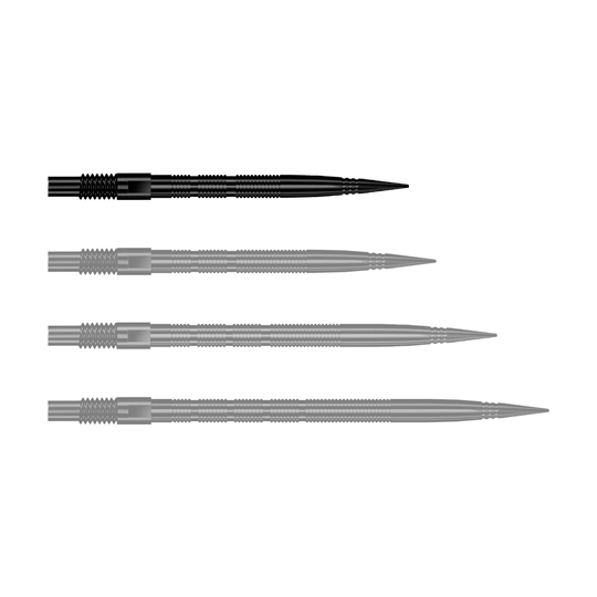 Pointes de fléchettes Harrows Quick Point Micro Ridge - Noires Zu sehen ist eine einzelne schwarze Dartspitze mit Rillenmuster. Dieses Produkt ist als Ersatzspitze für Dartpfeile gedacht.