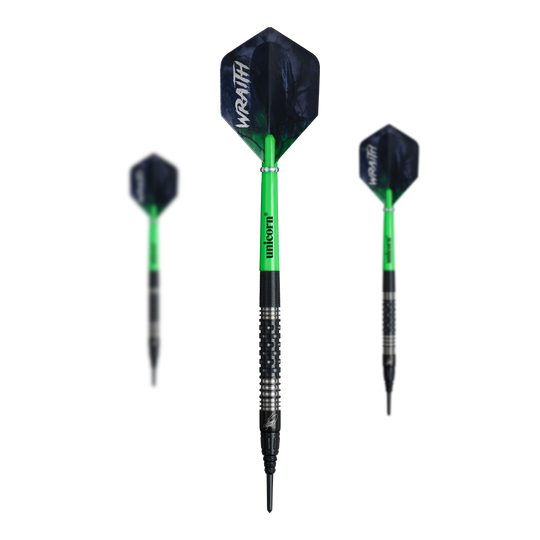 Fléchettes souples Unicorn Wraith James Wade - 19 g Unicorn Wraith James Wade Softdarts mit einem Gewicht von 19 Gramm sind auf dem Bild zu sehen. Die Darts sind speziell für Softdartspieler entwickelt.