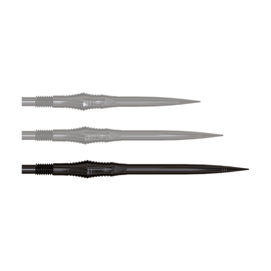 Harrows Quick Point Spire Elite Series Dartspitzen - Schwarz Dartspitzen der Spire Black Elite Serie in 40mm Länge werden gezeigt. Sie sind dunkel und lang.