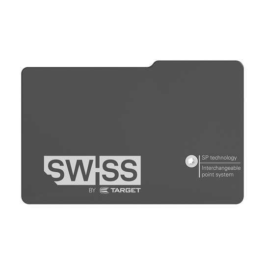 119648_Target_Swiss_Point_Safe_4 Das Bild zeigt das Produkt "Target Swiss Point Safe". Es handelt sich um ein schwarzes Etui mit der Aufschrift "Swiss by Target" und dem Hinweis auf eine austauschbare Spitzen-Technologie.