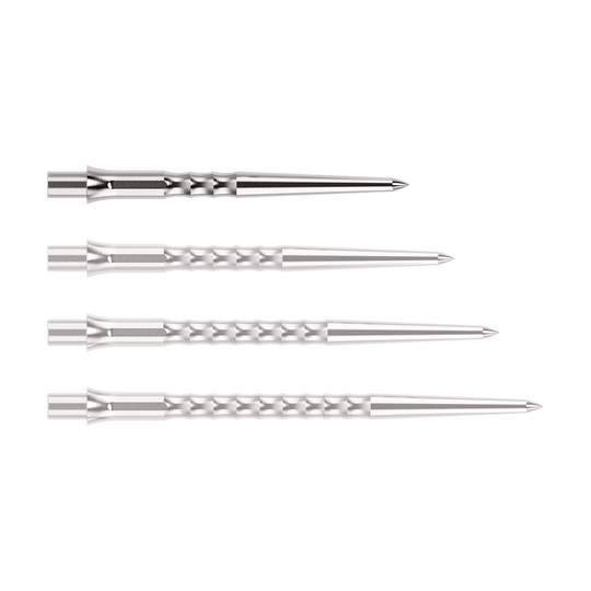Abgebildet ist eine silberne Steeldartspitze des Typs Ripple NoLip mit 28mm Länge. Die Spitze liegt frontal auf einer hellen Fläche.