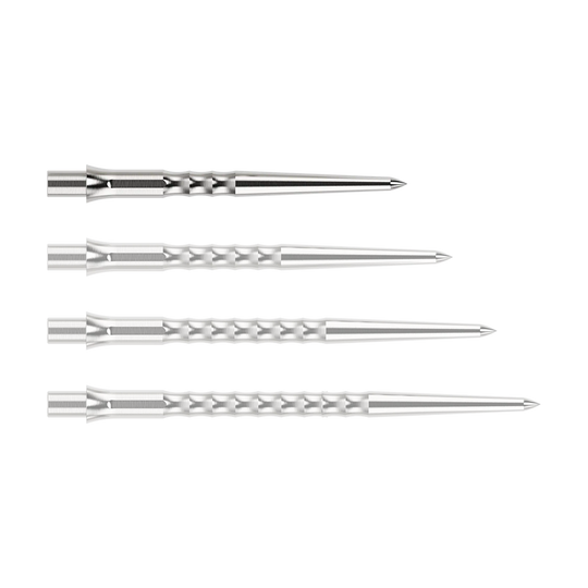 Pointes de fléchettes en acier Caliburn System - Ripple - NoLip - argent Abgebildet ist eine silberne Steeldartspitze des Typs Ripple NoLip mit 28mm Länge. Die Spitze liegt frontal auf einer hellen Fläche.