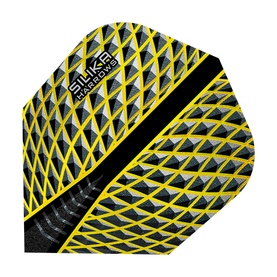 HR86_Harrows_Silika_Yellow_No6_Flights_1vWvVMxdoai0wb Das Bild zeigt das Produkt "Harrows Silika Yellow No6 Flights". Das Flight hat ein gelbes und schwarzes geometrisches Muster mit dem Logo "Silika Harrows" darauf.
