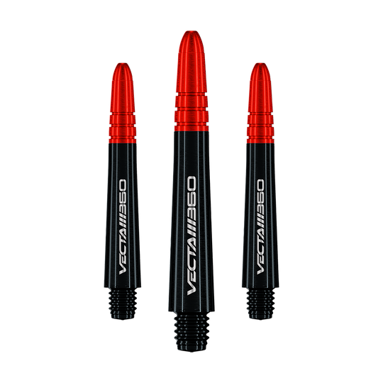 Manche Winmau Vecta Blade 360 - Noir Zu sehen ist ein Satz Winmau Vecta Blade360 Shafts in Schwarz mit 40 mm Länge. Die Shafts sind nebeneinander aufgestellt.