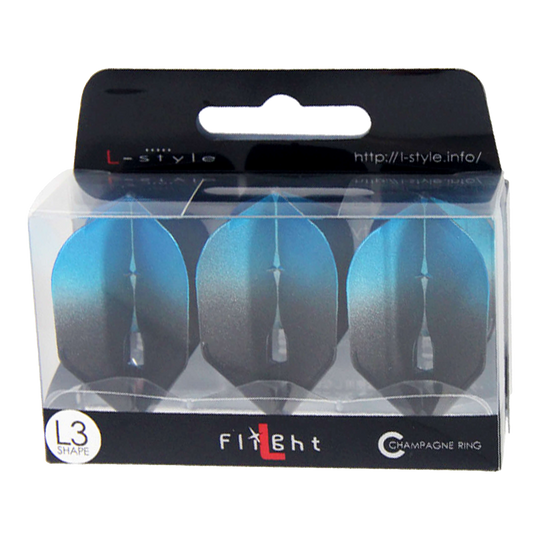 Vols L3PRO bicolores de style L Die Verpackung zeigt drei blaue Dartflights der Marke L-style. Auf der Schachtel steht "L3 Shape" und "Champagne Ring".