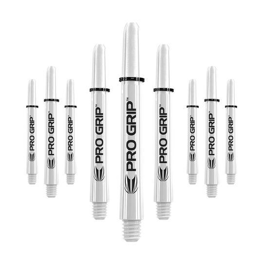 Tiges Target Pro Grip - 3 jeux - Blanc Das Bild zeigt mehrere weiße Dartschäfte mit der Aufschrift "PRO GRIP". Sie sind in drei Reihen angeordnet und haben schwarze Ringe an der Oberseite.