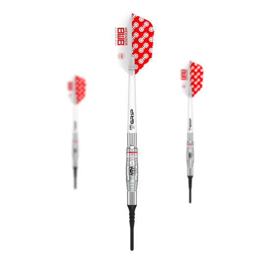 Fléchettes souples Bulls Niko Springer - 22 g Das Bild zeigt drei Softdarts des Modells 'Bulls Niko Springer' mit einem Gewicht von 22g. Die Darts haben silberne Schäfte und weiße Flights mit einem roten Punktmuster.