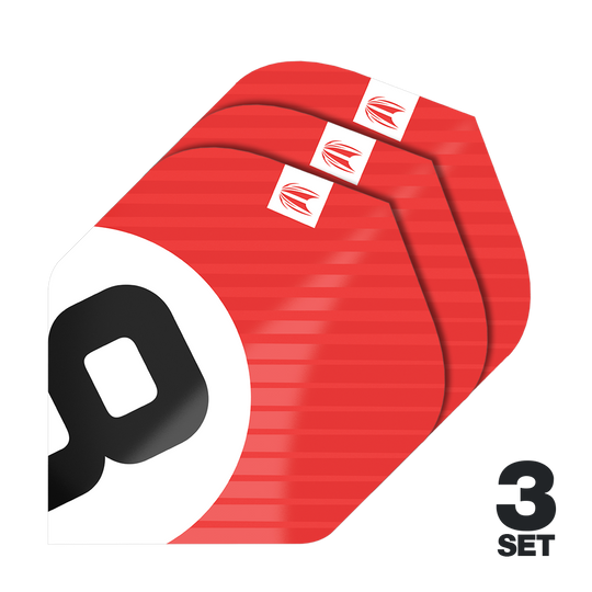 Ailettes Standard Target Pro Ultra Chicane Rouge No2 - 3 jeux Das Bild zeigt drei Sätze der Target Pro Ultra Chicane Red No2 Standard Flights. Die Flights sind überwiegend rot mit einem weißen und schwarzen Design und werden als 3er-Set angeboten.