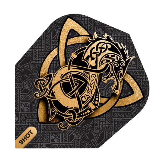 Vols Shot Viking Wolf n° 6 Das Bild zeigt das Produkt "Shot Viking Wolf No6 Flights" mit einem goldenen Wikinger-Wolf Design auf schwarzem Hintergrund. Im Hintergrund sind feine, keltische Muster zu sehen und unten links steht das Wort "SHOT".