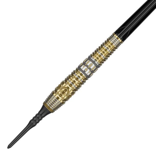 Fléchettes souples Target Japan Hot Shot GEN2 - 19 g Das Bild zeigt einen Softdart mit dem Namen "Target Japan Hot Shot GEN2 Softdarts - 19g". Der Dart hat ein auffälliges Design in Gold und Silber mit detaillierten Gravuren am Griff.