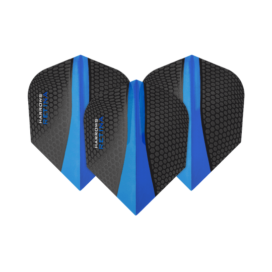 HR5510_Harrows_Retina_Blau_No2_Standard_Flights_1lDr1RrGfnau7Z Das Bild zeigt drei Harrows Retina Blau No6 Flights für Darts. Die Flights sind schwarz mit einem blauen Streifen und Wabenmuster gestaltet.
