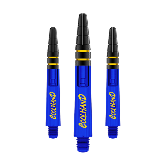 Tiges Red Dragon Nitrotech Luke Humphries Coolhand - Bleues Das Bild zeigt drei blaue Dartschäfte mit der gelben Aufschrift "COOLHAND". Die Schäfte haben schwarze und goldene Akzente am oberen Ende.