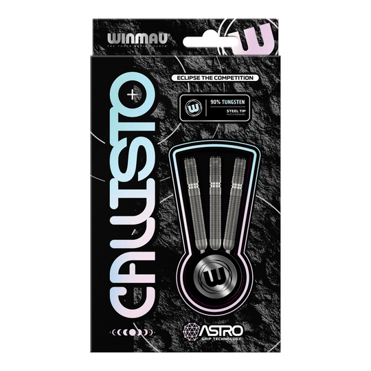 Fléchettes en acier Winmau Callisto 01 Das Bild zeigt eine Verpackung der "Winmau Callisto 01 Steeldarts". In der Mitte sind drei Darts mit Stahlspitze und 90% Tungsten-Anteil sichtbar.