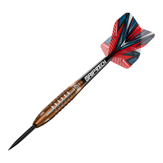 Fléchettes GOAT Quarterback V2 en acier tungstène - 24 g Das Bild zeigt einen Steeldart namens "GOAT Quarterback V2 Tungsten" mit einem Gewicht von 24 Gramm. Der Dart hat ein auffälliges Design mit roten, schwarzen und silbernen Akzenten sowie dem Schriftzug "GRIPTECH" auf dem Schaft.