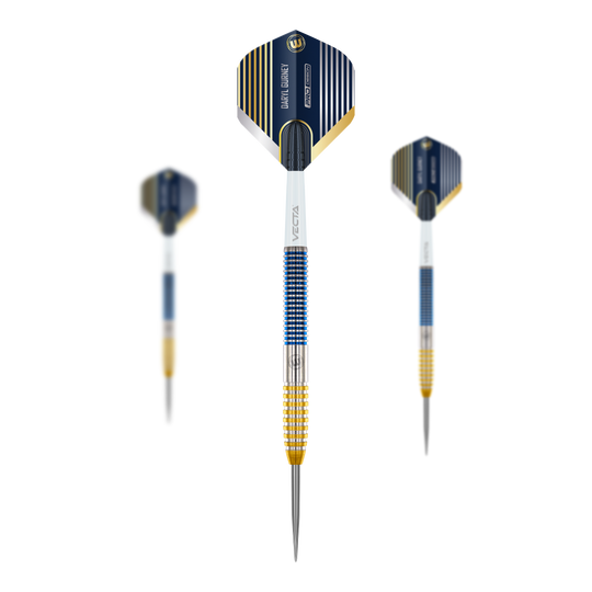 Fléchettes Winmau Daryl Gurney SC 1.0 Series - 23 g Das Bild zeigt die Winmau Daryl Gurney SC 1.0 Series Steeldarts mit einem Gewicht von 23g. Die Darts haben ein modernes Design mit blauen, goldenen und silbernen Akzenten.