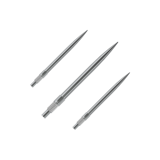Embouts de fléchettes Harrows Quick Point - Argent Gezeigt wird ein Set Harrows QuickPoint Dartspitzen in Silber mit 30mm Länge. Dieses Bild verdeutlicht den Lieferumfang der Dartspitzen.