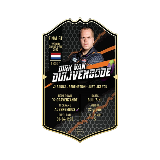 UDC-23_Ultimate_Darts_Card_Standard_Dirk_Van_Duijvenbode_1 Auf der Abbildung ist die Ultimate Darts Card von Dirk Van Duijvenbode zu sehen. Die Karte zeigt ein Porträt des Spielers sowie wichtige Informationen wie seinen Spitznamen, seine Herkunft und seine Erfolge.