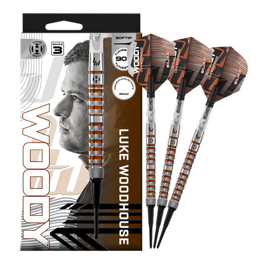 Fléchettes souples Luke Woodhouse série 3 de Harrow - 18 g Abbildung der Harrows Luke Woodhouse Series 3 Softdarts - 18g. Die Darts werden vollständig dargestellt.