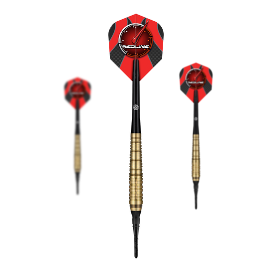 Fléchettes souples Shot Redline Mach 1 - 20 g Das Bild zeigt drei Softdarts des Produkts „Shot Redline Mach 1“ mit einem Gewicht von 20g. Die Darts haben rote Flights mit schwarzem Muster und goldenen Griffen.