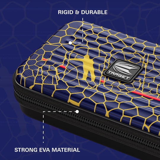 Étui à fléchettes Target Takoma Josh Rock XL Das Bild zeigt das Target Takoma Josh Rock XL Dartcase mit einem blauen und gelben Wabendesign. Es wird auf die robuste und langlebige Struktur sowie das starke EVA-Material hingewiesen.