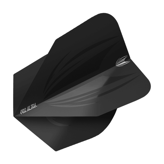 Das Bild zeigt das Produkt "Target ProUltra ID Black No6 Flights". Es handelt sich um schwarze Dart-Flights mit einem modernen, dezenten Design.