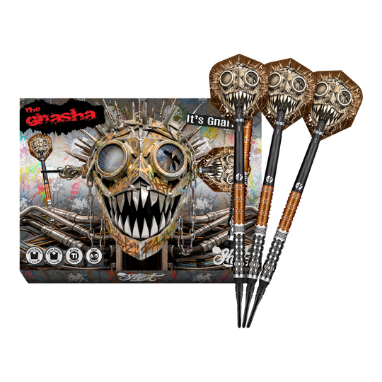 Fléchettes souples Shot Gnarly Gnasha - 20 g Das Foto zeigt die vollständigen Shot Gnarly Gnasha Softdarts - 20g. Diese Softdarts zeichnen sich durch ein modernes Design aus.