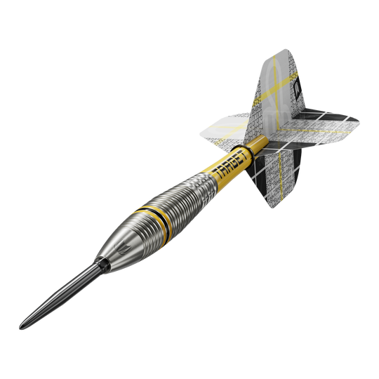 Fléchettes en acier Target Scott Williams GEN2 Swiss Point Auf dem Bild ist ein Target Scott Williams GEN2 Swiss Point Steeldart zu sehen. Der Dartpfeil hat ein silbernes, geriffeltes Barrel und gelbe Akzente sowie moderne Flights.