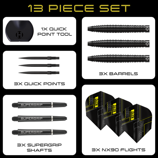 Fléchettes en acier Harrows NX90 Black Edition à pointe rapide conique Hier zu sehen sind die Harrows NX90 Black Edition Tapered Quick Point Steeldarts. Die Darts sind schmal zulaufend und haben eine schwarze Oberfläche.