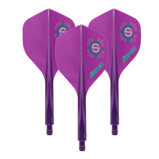 Das Bild zeigt drei lila Dartflights mit dem Aufdruck "Sniper" und einem Zielsymbol. Es handelt sich um das Produkt "Condor Axe 120 Connor Scutt Sniper Purple Flight-System - Standard".
