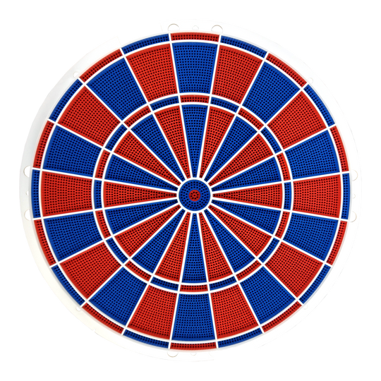 Pièce de rechange pour Karella E-Master Das Bild zeigt eine runde Dartscheibe mit abwechselnd roten und blauen Segmenten. Die Segmente sind durch weiße Linien getrennt und die Scheibe hat einen weißen Rahmen.